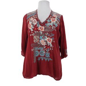 Johnny Was Sz XL Dark Red Aqua Multi Embroidered 3/4 Sleeve Rayon Bohemian Top